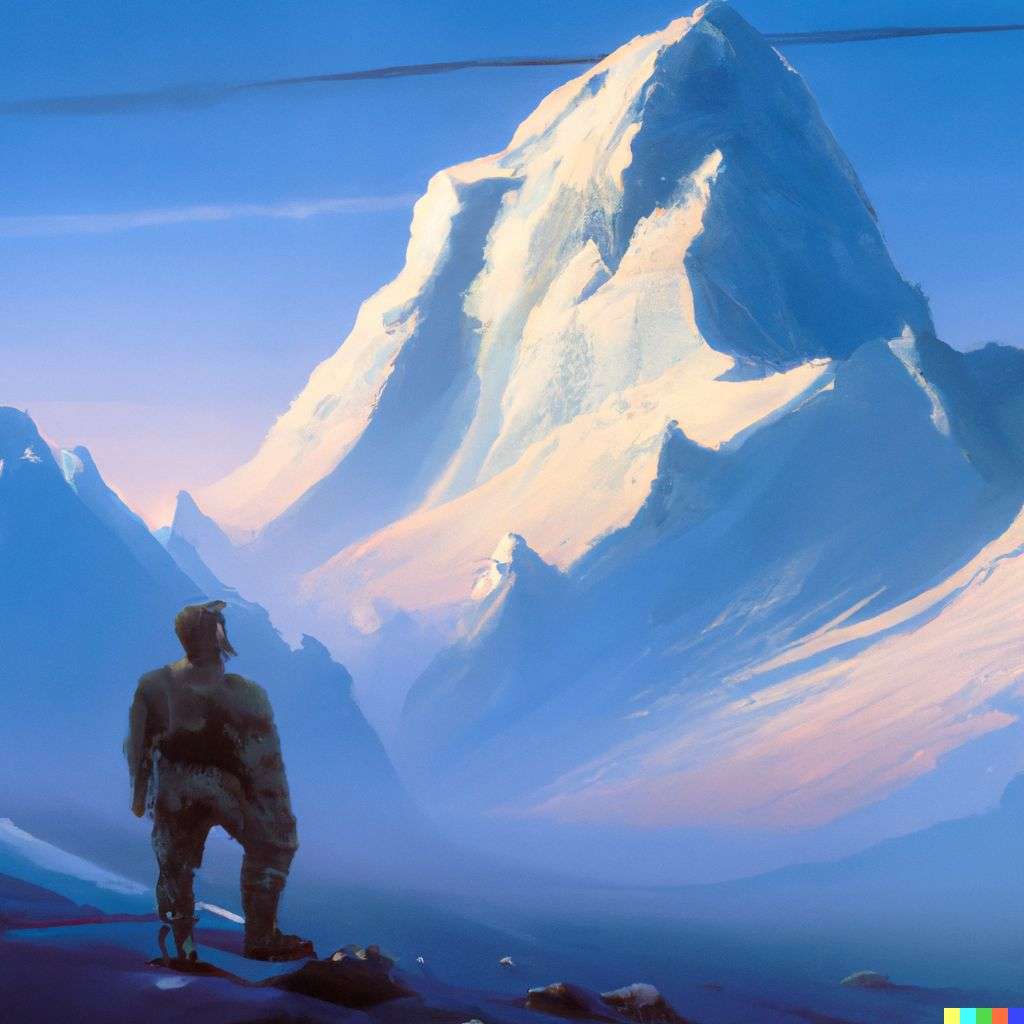 someone gazing at Mount Everest, by Syd Mead